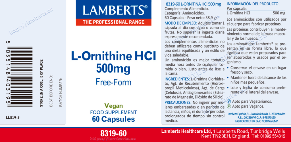 Etiqueta de la L-Ornitina 500 mg Lamberts con sus propiedades e indicaciones