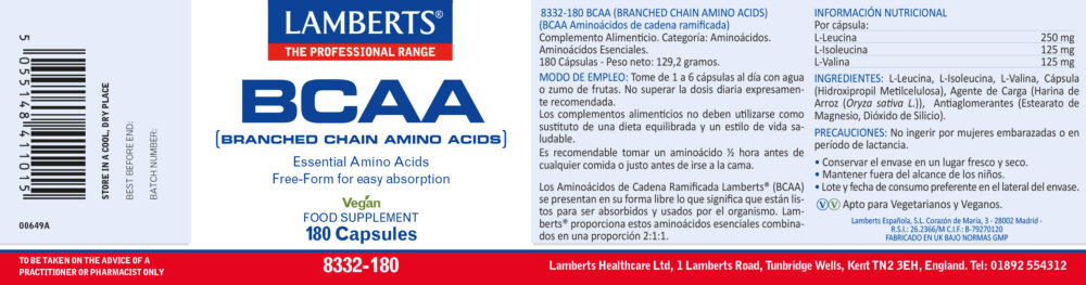 Etiqueta de los BCAA Aminoácidos de cadena ramificada Lamberts con sus propiedades e indicaciones