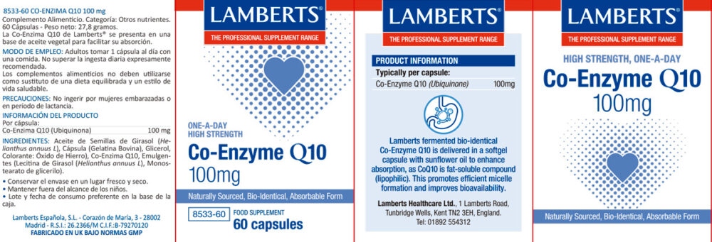 Etiqueta de la Co-Enzima Q10 100 mg Lamberts con sus propiedades e indicaciones