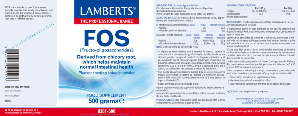 Etiqueta del Eliminex® con Fructo-oligosacáridos (FOS) Lamberts con sus propiedades e indicaciones