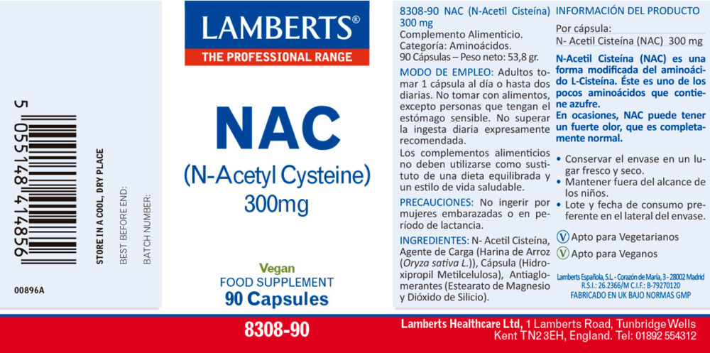 Etiqueta del NAC (N-Acetil Cisteína) 300 mg, Lamberts con sus propiedades e indicaciones