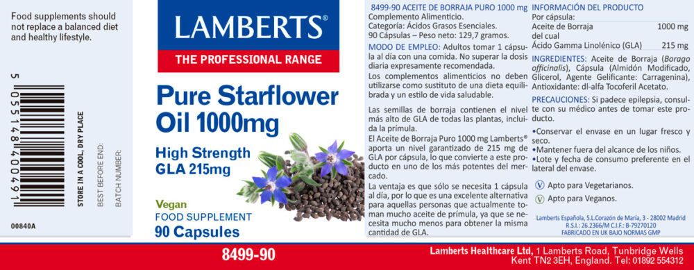 Etiqueta del Aceite de Borraja Puro 1000 mg Lamberts con sus propiedades e indicaciones