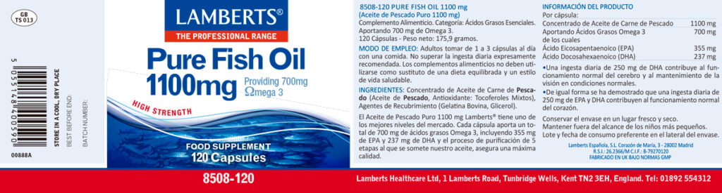 Etiqueta del Aceite de Pescado Puro 1100 mg Omega 3 de 120 cápsulas Lamberts con sus propiedades e indicaciones