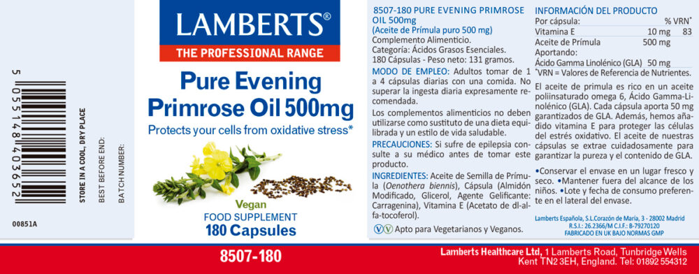 Etiqueta del Aceite de Prímula u Onagra Puro 500 mg Lamberts con sus propiedades e indicaciones