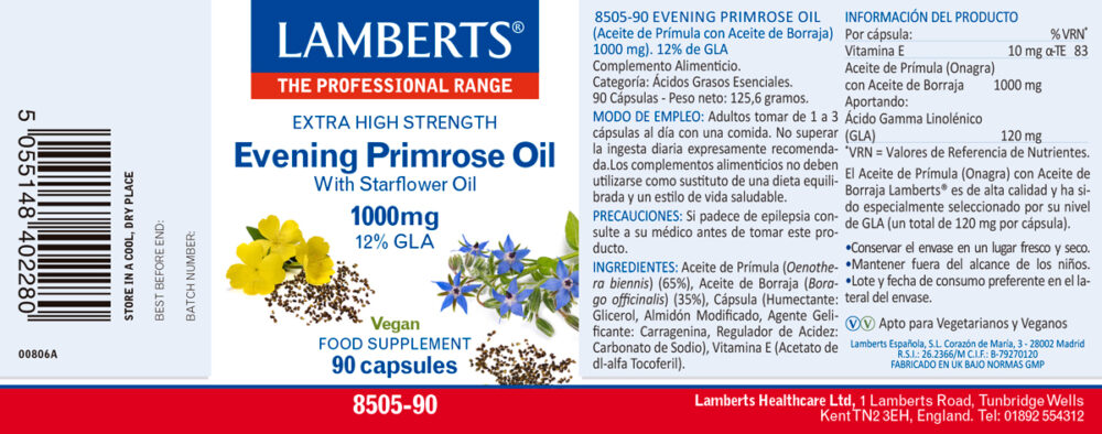 Etiqueta del Aceite de Prímula con Borraja 1000 mg Lamberts con sus propiedades e indicaciones