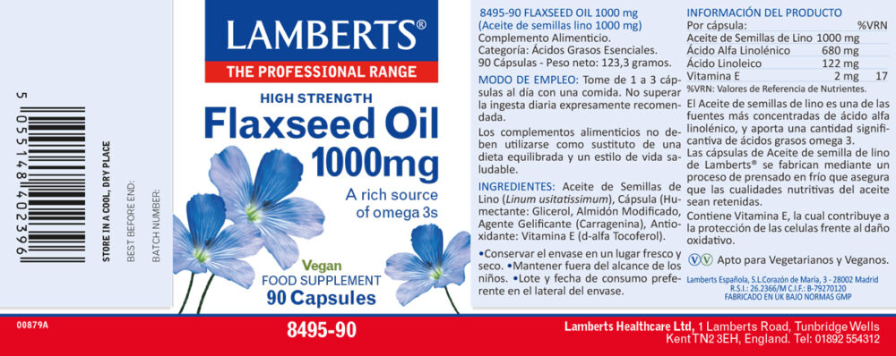Etiqueta del aceite de semillas de lino Lamberts