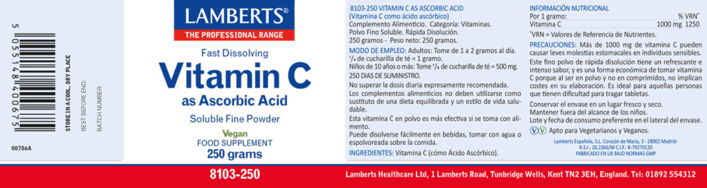 Etiqueta de la Vitamina C como Ácido Ascórbico Lamberts con sus propiedades e indicaciones