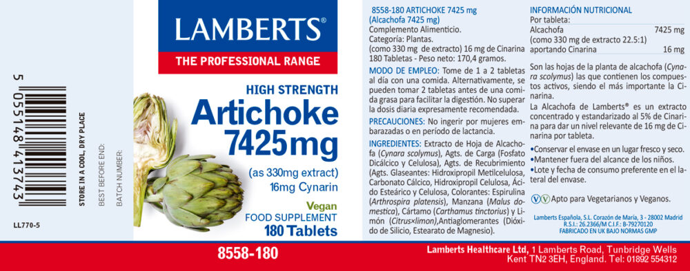 Etiqueta prospecto de la Alcachofa 7425 mg Lamberts con sus propiedades e indicaciones