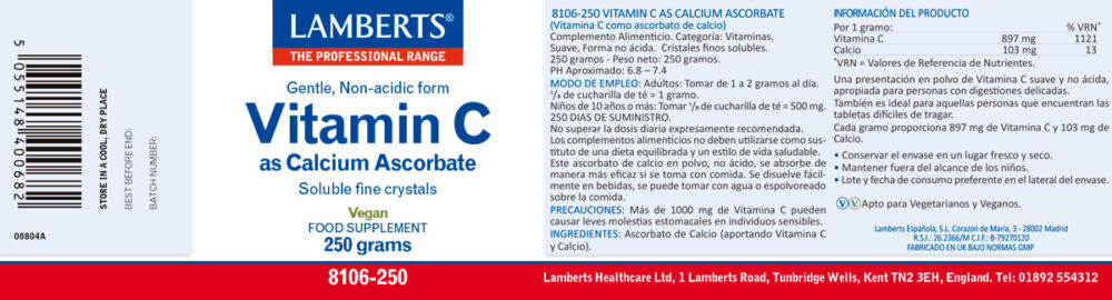 Etiqueta de la Vitamina C como Ascorbato de Calcio Lamberts con sus propiedades e indicaciones