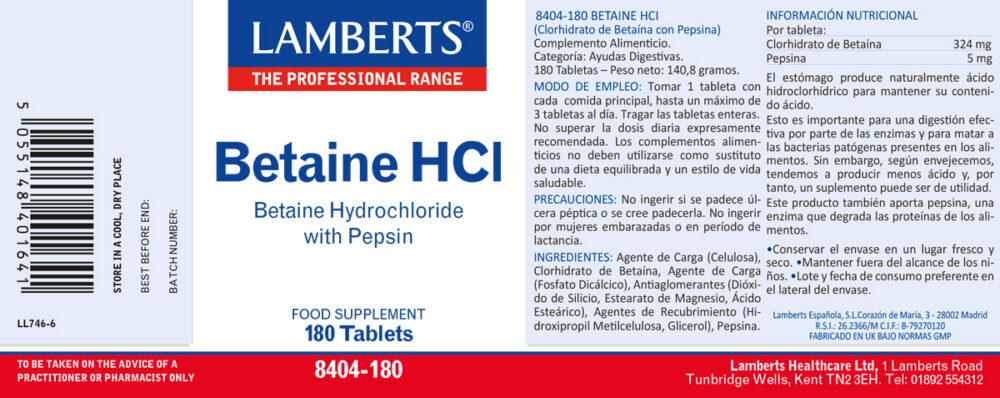 Etiqueta de la Betaína HCI 324 mg y Pepsina 5 mg Lamberts con sus propiedades e indicaciones
