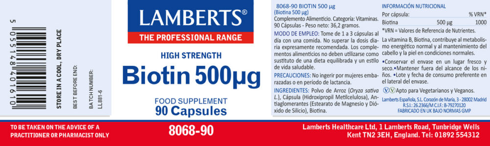 etiqueta de la Biotina 500 ui de Lamberts con sus propiedades e indicaciones
