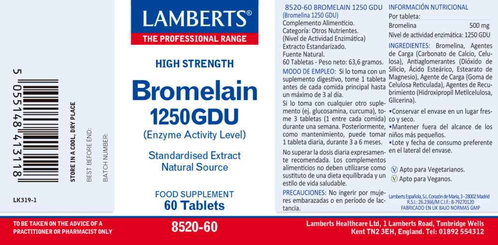 Etiqueta del Bromelina 1000 GDU Lamberts con sus propiedades e indicaciones
