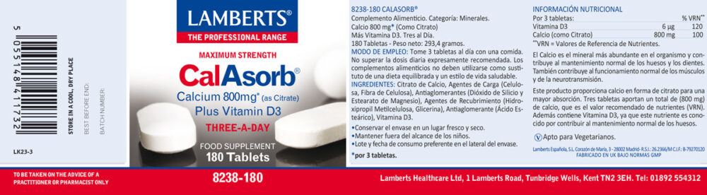Etiqueta del CalAsorb® con Calcio y Vitamina D3 de 180 tabletas Lamberts con sus propiedades e indicaciones