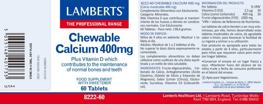 Etiqueta prospecto del Calcio másticable 400 mg con Vitamina D y FOS Lamberts con sus propiedades e indicaciones