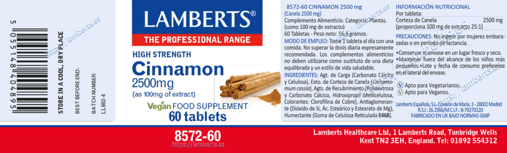 Etiqueta de la Canela 2.500 mg Lamberts con sus propiedades e indicaciones