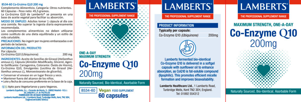Etiqueta de la Co-Enzima Q10 200 mg Lamberts con sus propiedades e indicaciones