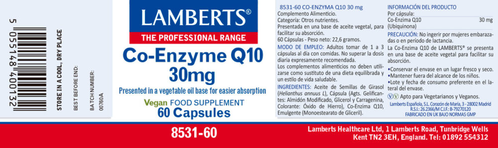 Etiqueta de la Co-Enzima Q10 30 mg Lamberts con sus propiedades e indicaciones