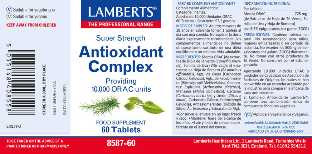 Etiqueta del complejo antioxidante Lamberts con sus propiedades e indicaciones