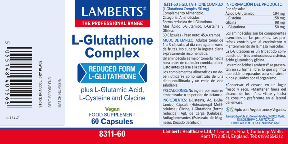Etiqueta del Complejo L-Glutationa Lamberts con sus propiedades e indicaciones