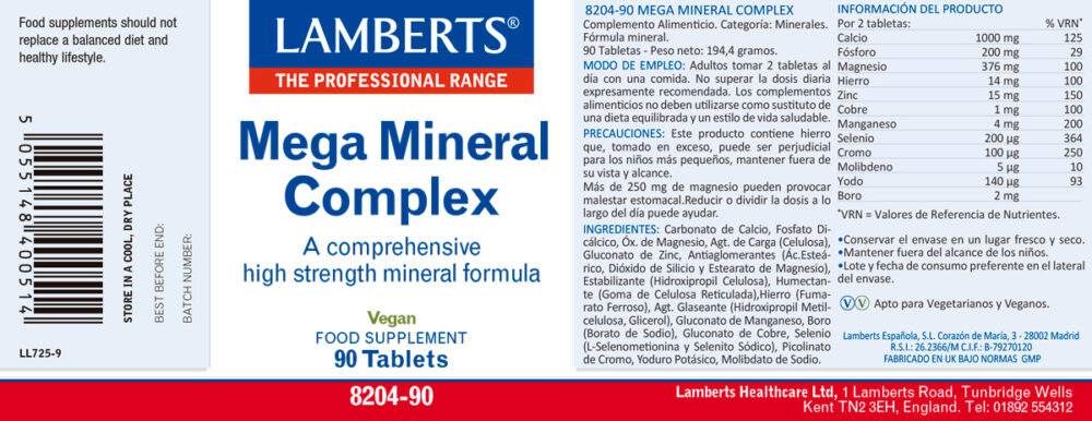 Etiqueta del complejo mega mineral lamberts con sus propiedades e indicaciones