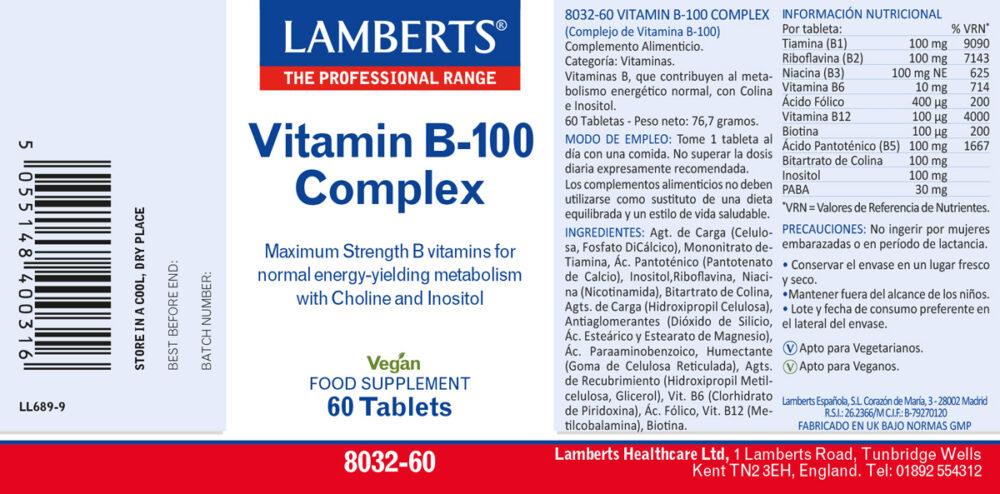 Etiqueta del complejo de Vitamina B 100 de Lamberts con sus propiedades e indicaciones