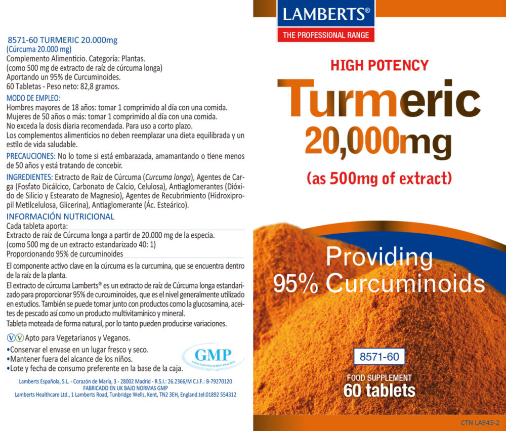 Etiqueta de la Cúrcuma o Turmeric 20.000 mg Lamberts con sus propiedades e indicaciones