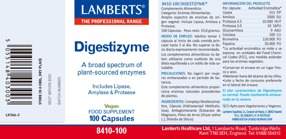 Prospecto etiqueta del Digestizyme®. Enzimas Digestivas de origen vegetal Lamberts con sus propiedades e indicaciones