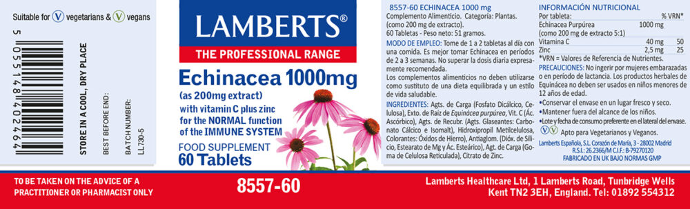 Etiqueta Propecto de la Equinácea 1.000 mg con Vitamina C y Zinc Lamberts con sus propiedades e indicaciones