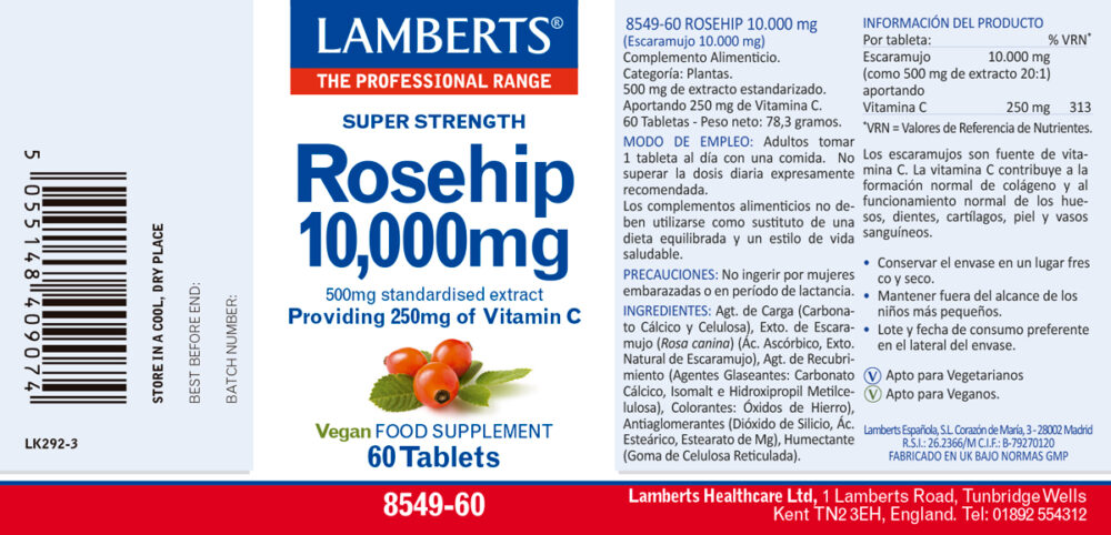 Etiqueta del Escaramujo 10.000 mg Lamberts con sus propiedades e indicaciones
