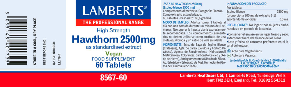 Prospecto etiqueta del Espino Blanco 2500 mg Lamberts con sus propiedades e indicaciones