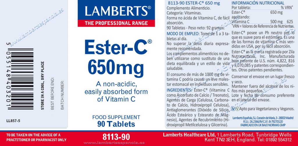 Etiqueta del Ester-C® 650 mg - Vitamina C Lamberts con sus propiedades e indicaciones