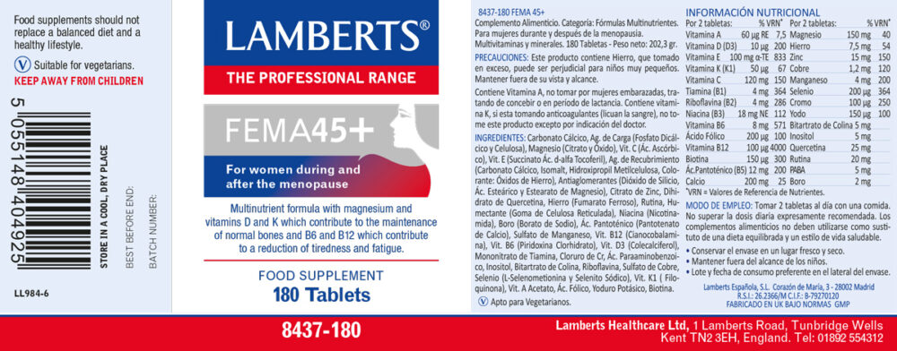 Etiqueta del Complejo multivitamínico FEMA45+ Lamberts con sus propiedades e indicaciones