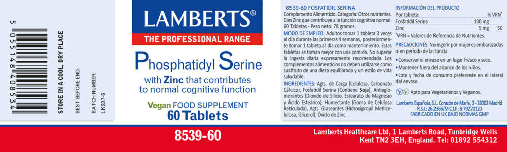 Etiqueta de la Fosfatidilserina 100 mg Lamberts con sus propiedades e indicaciones