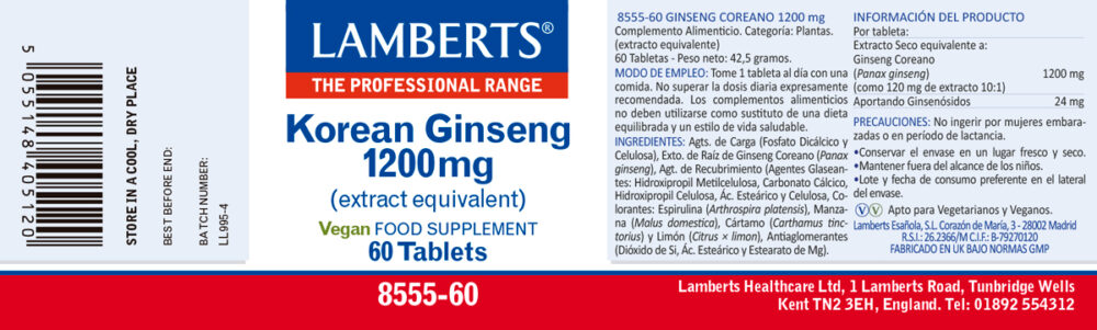 Etiqueta prospecto del Ginseng Coreano o Panax Ginseng 1200 mg Lamberts con sus propiedades e indicaciones