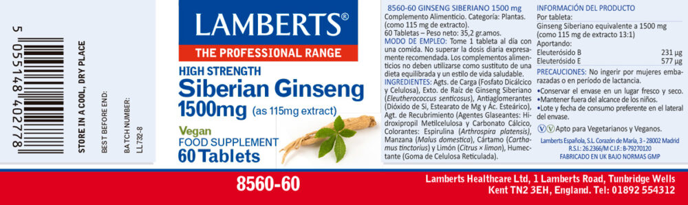 Etiqueta prospecto del Ginseng Siberiano 1500 mg Lamberts con sus propiedades e indicaciones