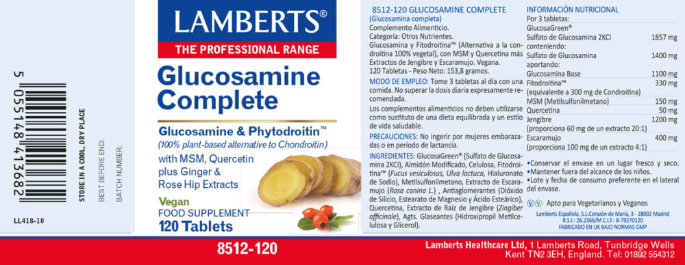 Etiqueta prospecto de la Glucosamina Completa Lamberts con sus propiedades e indicaciones