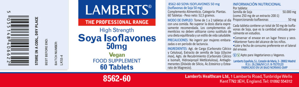 Etiqueta de las Isoflavonas de Soja 50 mg Lamberts con sus propiedades e indicaciones