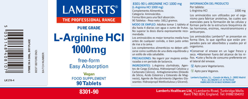 Etiqueta de la L-Arginina HCL 1000 mg Lamberts con sus propiedades e indicaciones