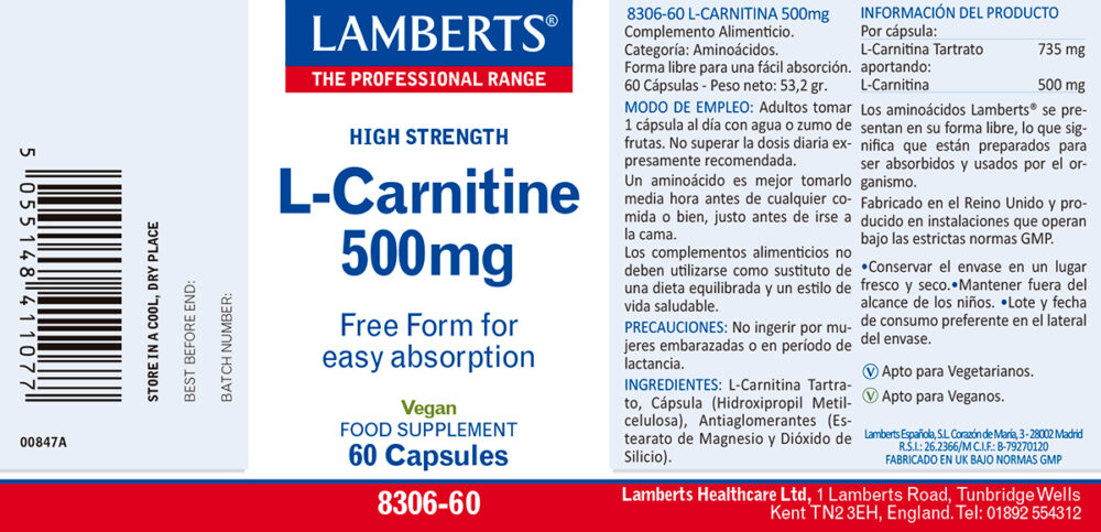 Etiqueta prospecto de la L-Carnitina Lamberts con sus propiedades e indicaciones