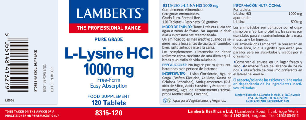 Prospecto etiqueta de la L-Lisina 1000 mg Lamberts con sus propiedades e indicaciones