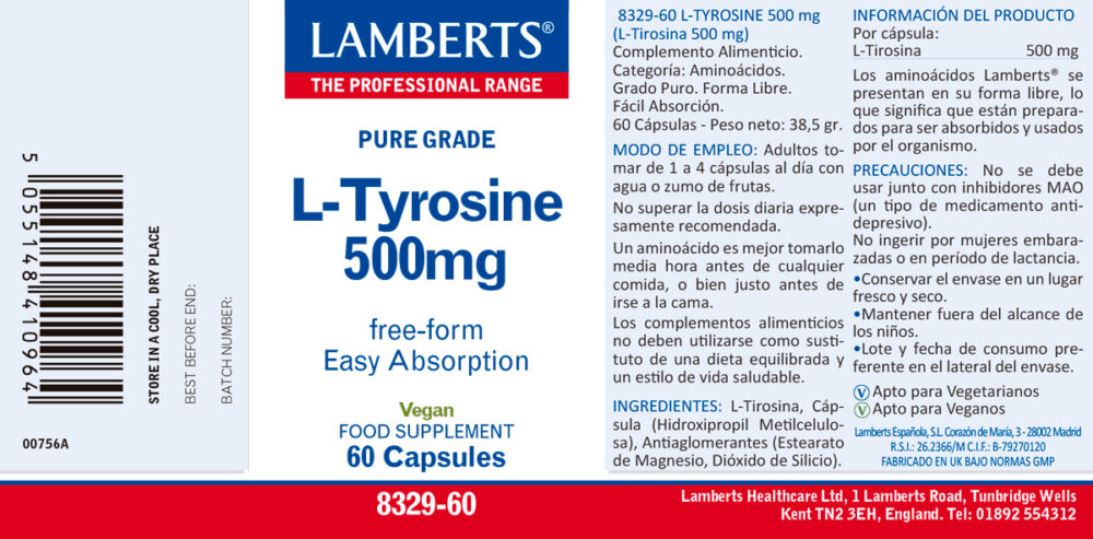 Etiqueta de la L-Tirosina 500 mg Lamberts con sus propiedades e indicaciones
