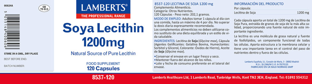 Etiqueta prospecto de la Lecitina de Soja 1200 mg Lamberts