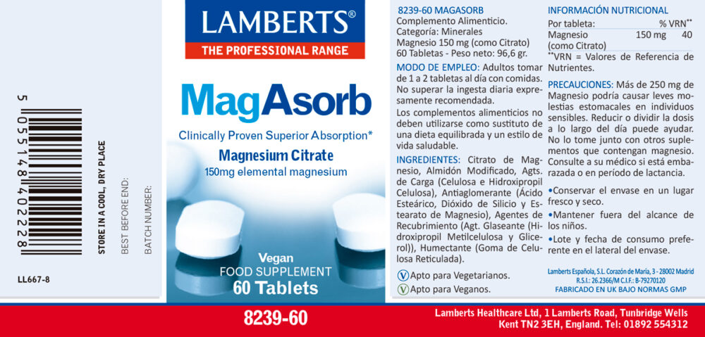 Etiqueta del MagAsorb Citrato de Magnesio 150 mg de 60 tabletas Lamberts con sus propiedades e indicaciones