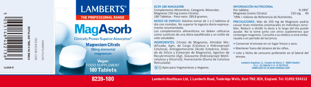 Etiqueta del MagAsorb® Citrato de Magnesio 150 mg de 180 tabletas Lamberts con sus propiedades e indicaciones