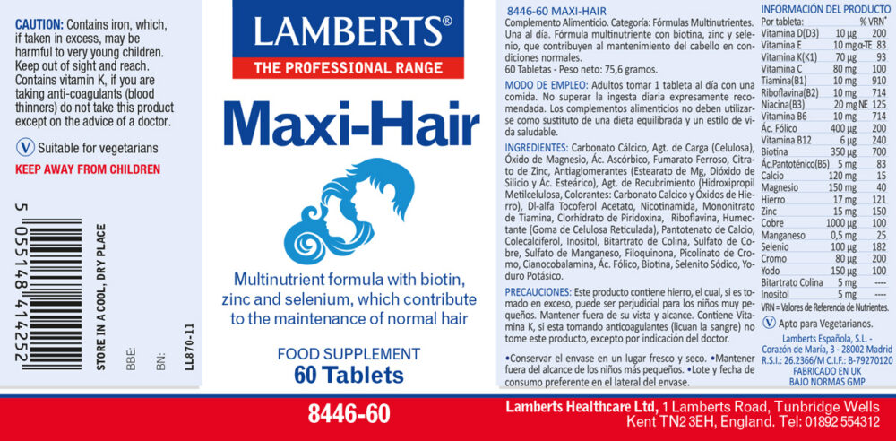 Etiqueta del Maxi Hair de Lamberts con sus propiedades e indicaciones