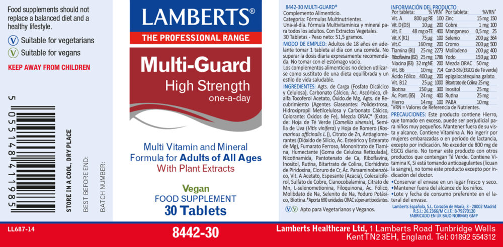 Etiqueta Prospecto del Complejo vitamínico con ORAC MultiGuard®  Lamberts con sus propiedades e indicaciones