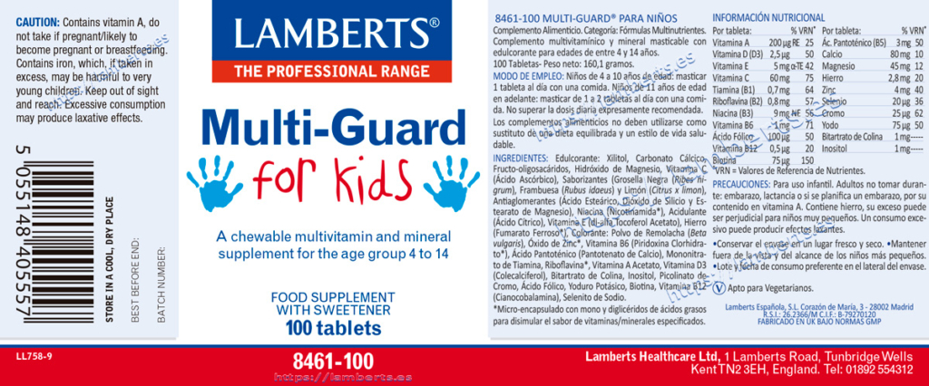 Etiqueta del mutivitamínico MultiGuard® para niños Lamberts con sus propiedades e indicaciones