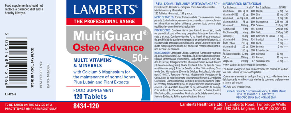 etiqueta del Multigard Osteo Advence Lamberts con sus propiedades e indicaciones
