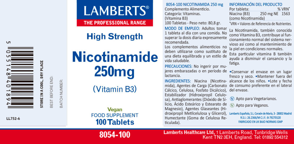 Etiqueta prospecto de la Nicotinamida o Vitamina B3 Lamberts con sus propiedades e indicaciones