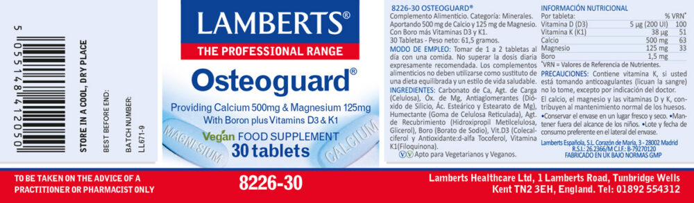 Etiqueta del Osteoguard® con Calcio, Magnesio, Boro, Vitaminas D y K de 30 tabletas Lamberts con sus propiedades e indicaciones